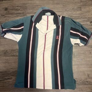 Izod Vertical Striped Polo in Teal, Black & White with Pink Accents